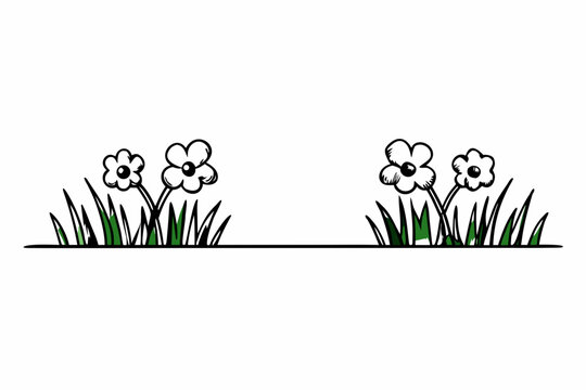 Hand drawn vector graphic illustration of a simple springtime grass and flower border design element for nature concepts.