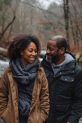 Fototapeta premium Two people stand close together by a river in the woods during autumn. They smile at each other while enjoying the moment. Trees surround them, and the atmosphere feels warm from their connection