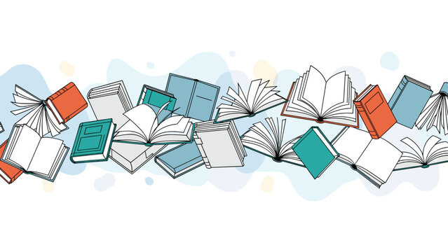 Seamless horizontal border featuring many open and closed flying books with different colored covers and abstract shapes.