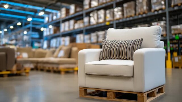 Close-up of an armchair on a pallet in a warehouse, other furniture blurred in the background, tidy stacking and organized storage, efficient inventory management for household ite