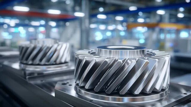Close-up of bevel gears mounted on a precision test stand, metallic surfaces gleaming in blue and gray lighting, industrial engineering environment, detailed mechanical textures an
