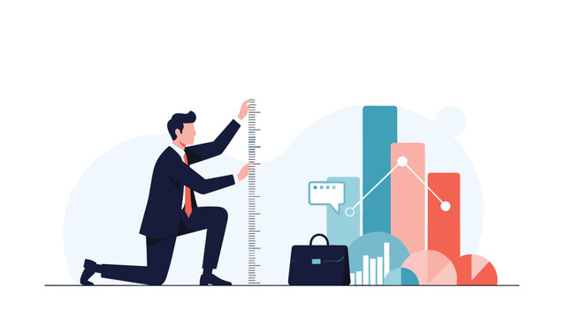 Businessman in a suit kneeling and reviewing a very long document next to colorful financial bar charts and a briefcase.