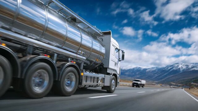 Close-up of chemical tanker truck&rsquo;s tank with reflection of highway and sky, safety markings in focus, wheels and chassis partially visible, industrial realism and transport effici