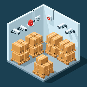 Isometric illustration of a secure storage room with surveillance cameras and boxes.
