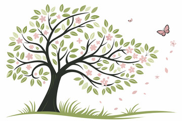 Fototapeta premium A beautiful vector graphic illustration of a spring blooming tree with pink flowers, green leaves, and flying butterflies, symbolizing growth and renewal.