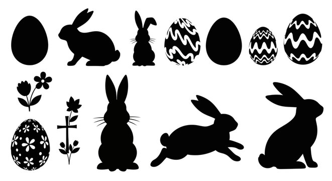 Easter bunny silhouettes, eggs, floral designs, black icons, spring symbols, 12 pcs isolated on White Background