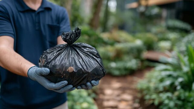 Close-up of gloved hands of a volunteer holding a black trash bag filled with mixed garbage, soft natural daylight, textures of crumpled plastic and paper visible, environmental cl