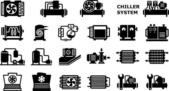 Industrial Chiller System Icons for HVAC and Cooling Technology