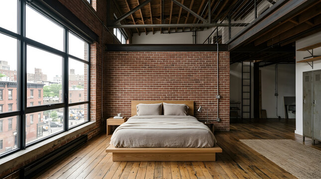 Warehouse conversion loft interior modern sleek living space with exposed brick walls, floor-to-ceiling windows, and minimalist furniture design.
