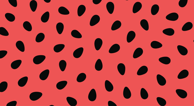 High contrast pattern depicts black watermelon seeds scattered across a vibrant red background mimicking the inside of a fresh summer fruit.