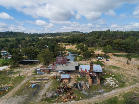 Aerial view of dilapidated old buildings at Glen Innes Brickworks