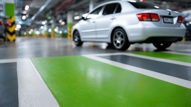 Close-up view of green eco-zone parking markings inside a clean underground garage, sharp paint contrast against gray concrete, calm industrial lighting, sustainability-driven desi