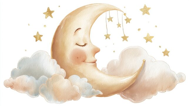 Dreamy Moon Sleeping on Clouds with Stars, Watercolor Illustration for Baby Nursery Decor and Sleep Concepts