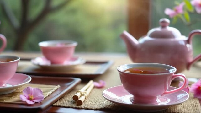 A serene tea setting with pink teacups and teapots on wooden trays. Cherry blossom petals are scattered around, creating a tranquil atmosphere.