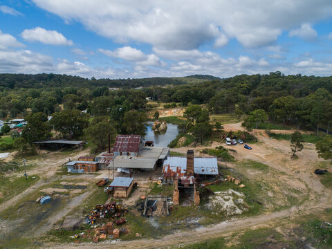 Aerial view of dilapidated old buildings at Glen Innes Brickworks
