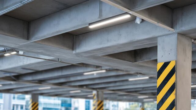 Close-up view of linear LED light strips embedded in a clean parking garage ceiling, guidance sensors mounted alongside, crisp architectural lines, neutral concrete tones, safety-f