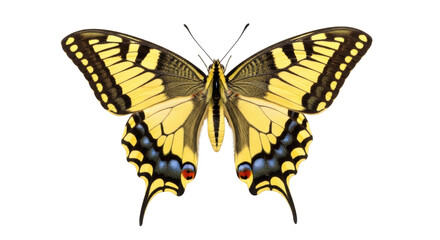 Swallowtail butterfly PNG isolated on transparent background, yellow and black insect with blue and red spots, detailed wings for design © Maria