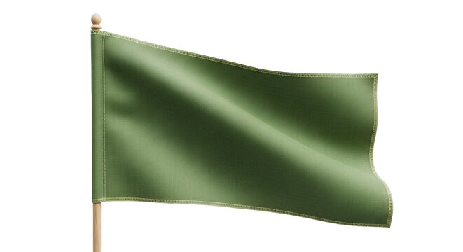 Green flag waving isolated PNG on transparent background, blank banner with pole for design element and graphic resource