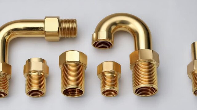 Collection of shiny brass plumbing fittings arranged on a clean white background, threaded pipes, elbows, and connectors, reflective metallic surfaces, crisp shadows, high-detail i