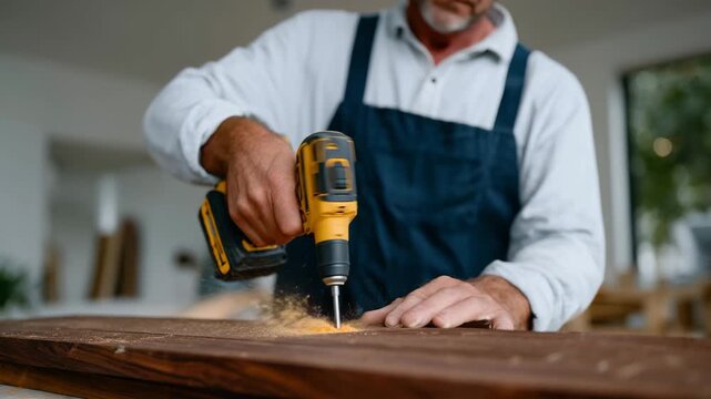 Craftsman carefully aligning wooden panels and securing them with a screwdriver, precise hand placement, clean joinery, neutral workshop background, soft shadows, calm focused mood