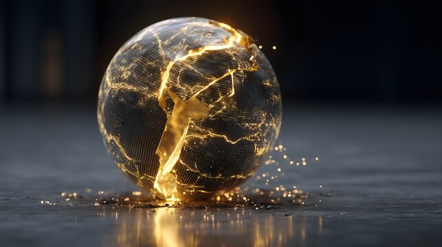Broken digital globe with glowing cracks representing global crisis economic collapse system failure disruption worldwide instability and digital network breakdown concept