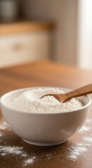 Fototapeta premium Flour Bowl with Wooden Spoon on a Wooden Table.