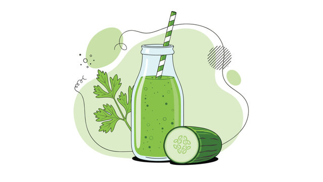 Healthy green smoothie in a glass bottle with a striped straw next to a fresh cucumber slice and green parsley leaves.