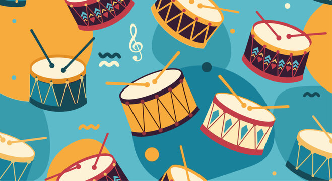 Seamless pattern displays colorful drums with drumsticks and musical notes over a blue background filled with vibrant circular and wavy shapes.