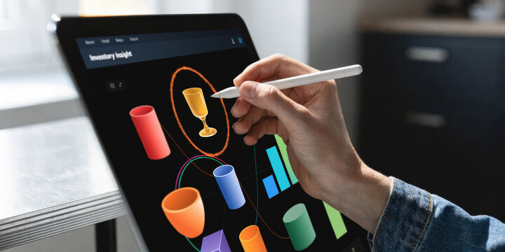 Stylus annotating e commerce inventory visualization tablet with colorful 3D product icons