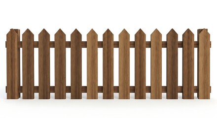 Brown wooden picket fence on white background With shadow. AI GENERATED.