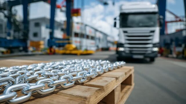 Macro shot of chains hooked over rolled steel coil, surface textures of metal emphasized, industrial cargo transport, heavy-duty truck trailer, logistics and manufacturing operatio