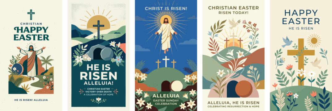 Vector set of Jesus Christ resurrection scenes. Spiritual religious composition featuring the empty tomb, crosses, lilies and doves. Poster design for Christian Easter celebration