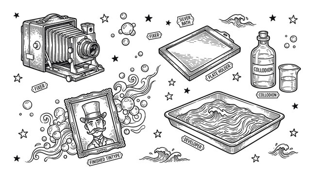 Vintage Wet Plate Collodion Photography Process Vector Illustration Set with Antique Camera, Chemicals, and Tintype Portrait