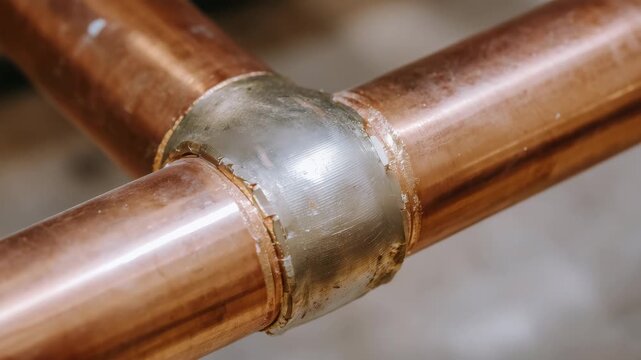 Macro top-down of copper pipe elbow joint, polished metallic surface, soldering details, indoor plumbing renovation