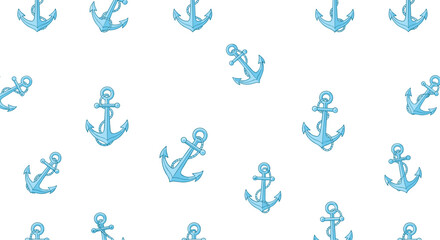 Fototapeta premium Seamless nautical pattern featuring light blue maritime anchors scattered randomly on plain white background for summer theme design.