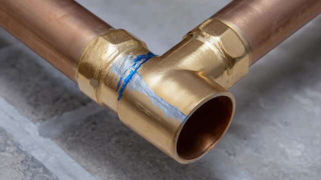 Macro top-down of copper pipe elbow joint, polished surfaces, soldering details, indoor plumbing installation