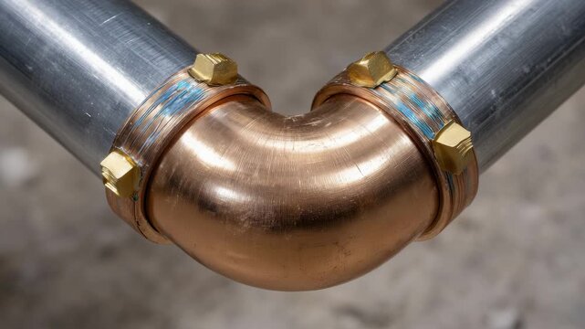 Macro top-down view of copper pipe elbow, polished metallic surfaces, soldering and fittings visible, indoor plumbing