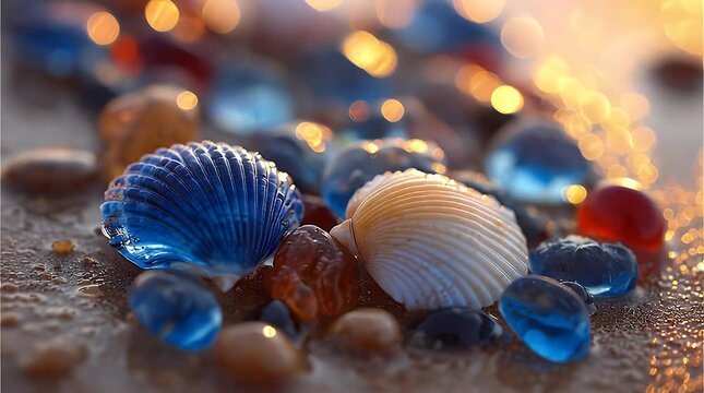 Close-up of vibrant seashells and colorful glass beads arranged on dark sand creating a dreamy artistic still life with warm bokeh lights in the background