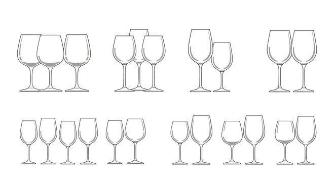 Set of wine glass silhouettes in various pairs and groups shown from different angles in black line art style for bar menus.