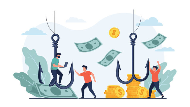 People trying to reach for money being dangled on large fish hooks as a metaphor for financial phishing or online scams.