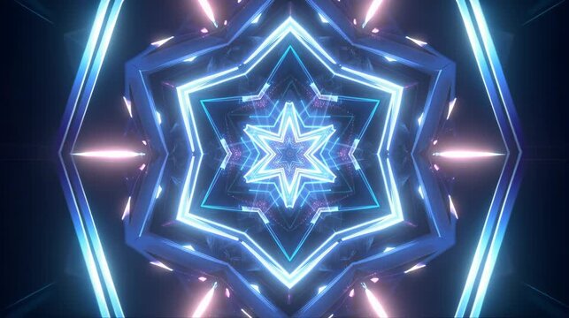 Futuristic star tunnel animation with glowing blue neon symmetry and layered geometric depth, perfect for sci fi visuals, digital backgrounds, and abstract motion graphics