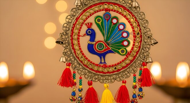 Traditional Indian Peacock Wall Hanging Decor with Diya Bokeh Background for Diwali Celebration