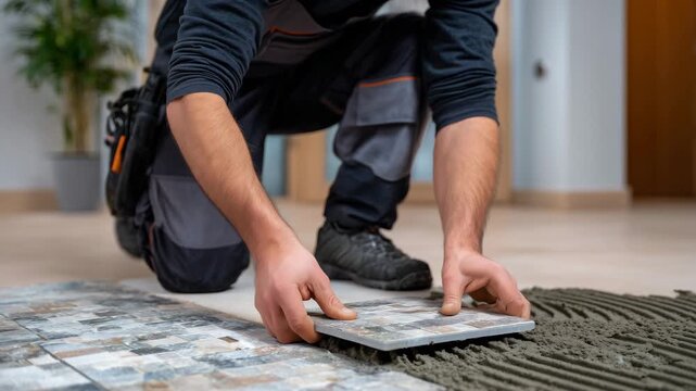 Man installing gray ceramic tiles on new floor, indoor apartment renovation, professional tiling equipment, focus on precision and clean alignment, repair and flooring improvement,