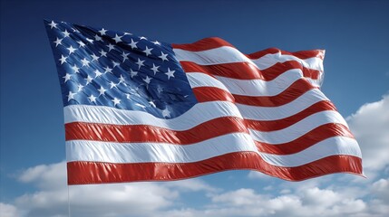 Fototapeta premium Patriotic display of the national flag with red and white stripes waving proudly against a blue sky