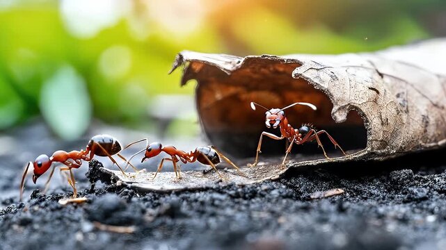 Ant insect macro nature ground leaf teamwork closeup wildlife outdoor scene with worker ant colony exploring dry leaf soil red ant nature macro insect wildlife teamwork leaf colony closeup trail