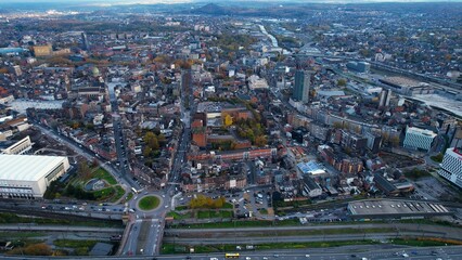 Fototapeta premium An panoramic aerial view of the downtown city Charleroi in Belgium on a cloudy afternoon in autumn..