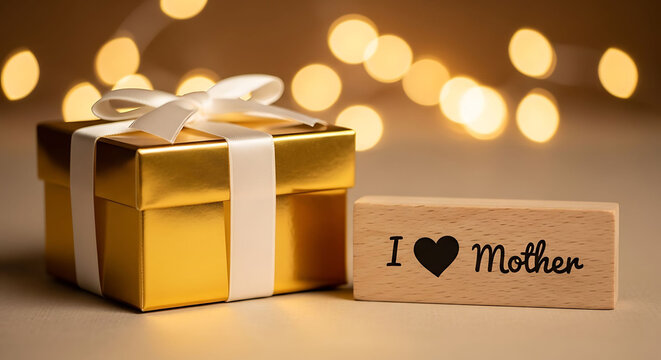 Gold gift box with white ribbon and wooden love mother stamp