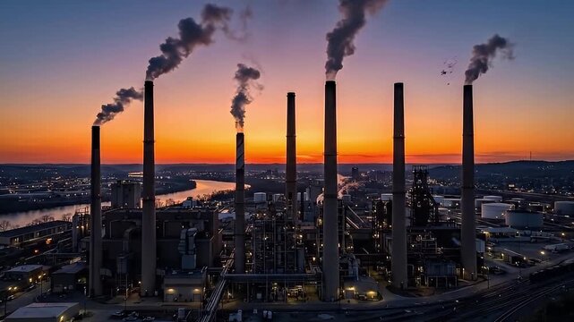 Industrial factory pollution smoke chimney at sunset over river city sky energy refinery twilight industrialization environment climate emission power plant towers steam and smokestack landscape