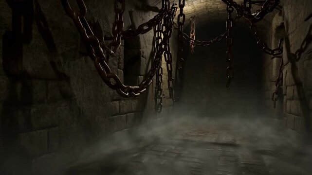 Slow tracking dolly shot of hanging iron chains swinging in damp stone dungeon corridor with drifting fog and low light