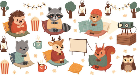 Fototapeta premium Cute forest animals watching outdoor movie night with popcorn lanterns cozy cartoon vector illustration set